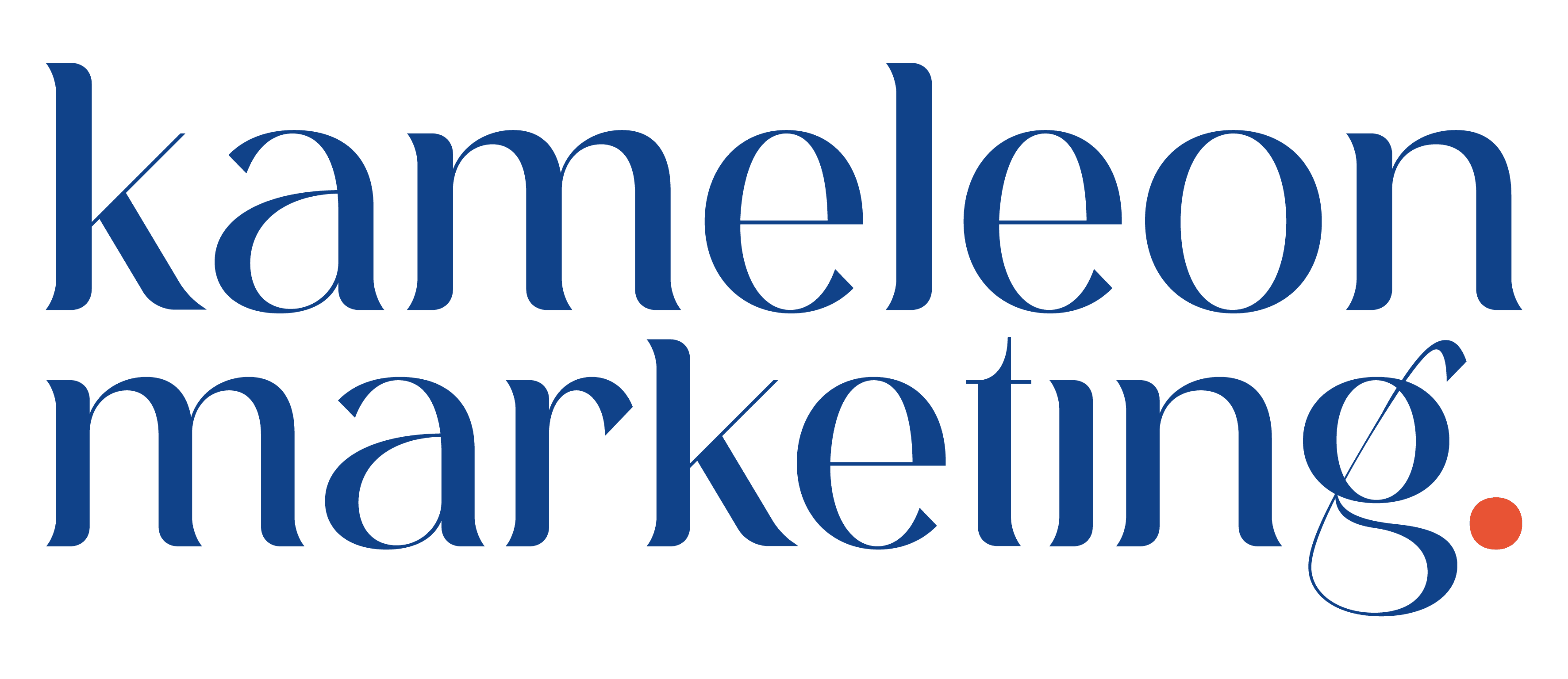 Logo van Kameleon Marketing in blauwe letters met rode stip